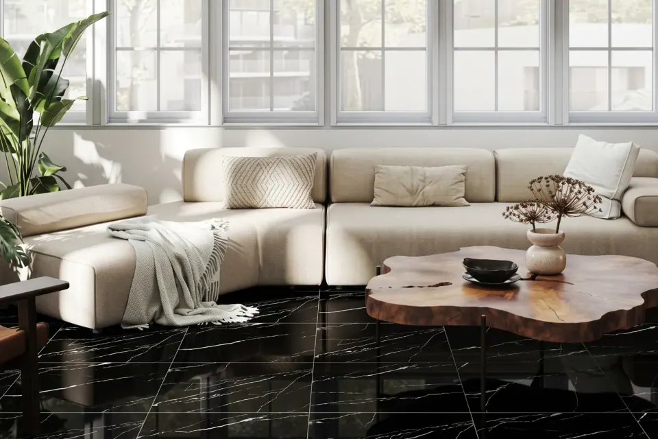 Black marble floor tiles in a living room